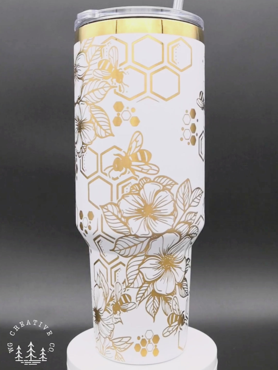 40oz Laser Engraved Gold Honeybee Tumbler – Floral & Hex Pattern | Powder-Coated Insulated Drinkware