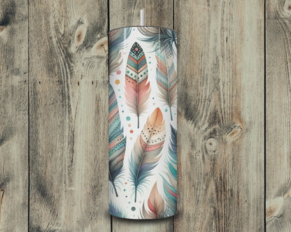 20oz Boho Feathers Skinny Tumbler – Tribal Pattern & Pastel Hues