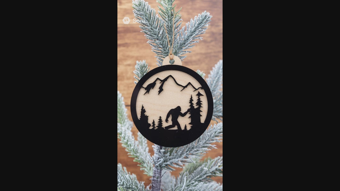 Bigfoot Mountain Scene Ornament – Wood & Acrylic Sasquatch Christmas Décor