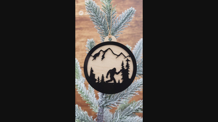 Bigfoot Mountain Scene Ornament – Wood & Acrylic Sasquatch Christmas Décor