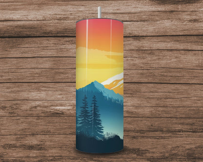 20oz Mountain Sunset Adventure Skinny Tumbler – Hiker & Dog Silhouette