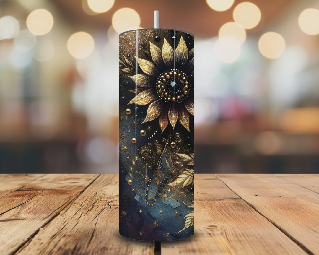 Black & Gold Sunflower Tumbler – 20oz Boho Luxe Stainless Steel Cup