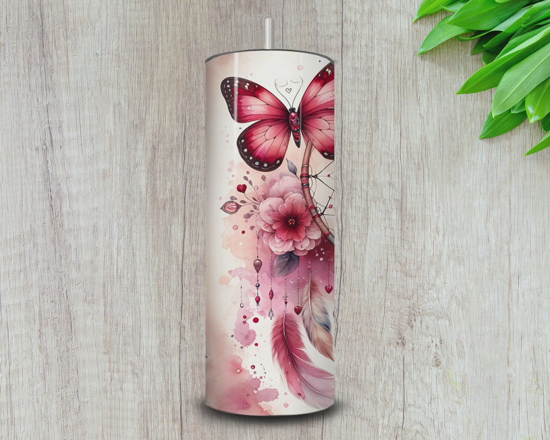 20oz Dreamcatcher & Butterfly Skinny Tumbler – Romantic Boho Floral Design