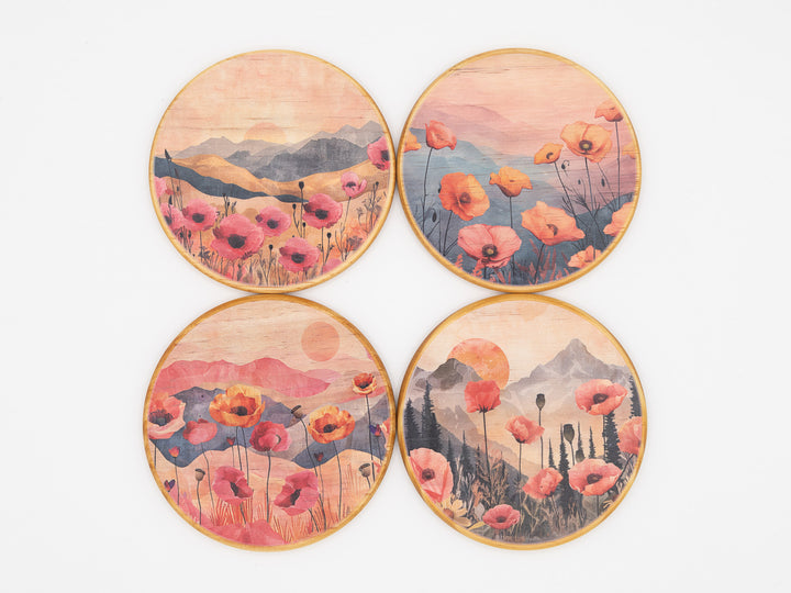Poppy Fields Wood Coasters, Set of 4