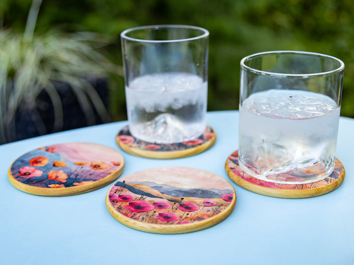 Poppy Fields Wood Coasters, Set of 4