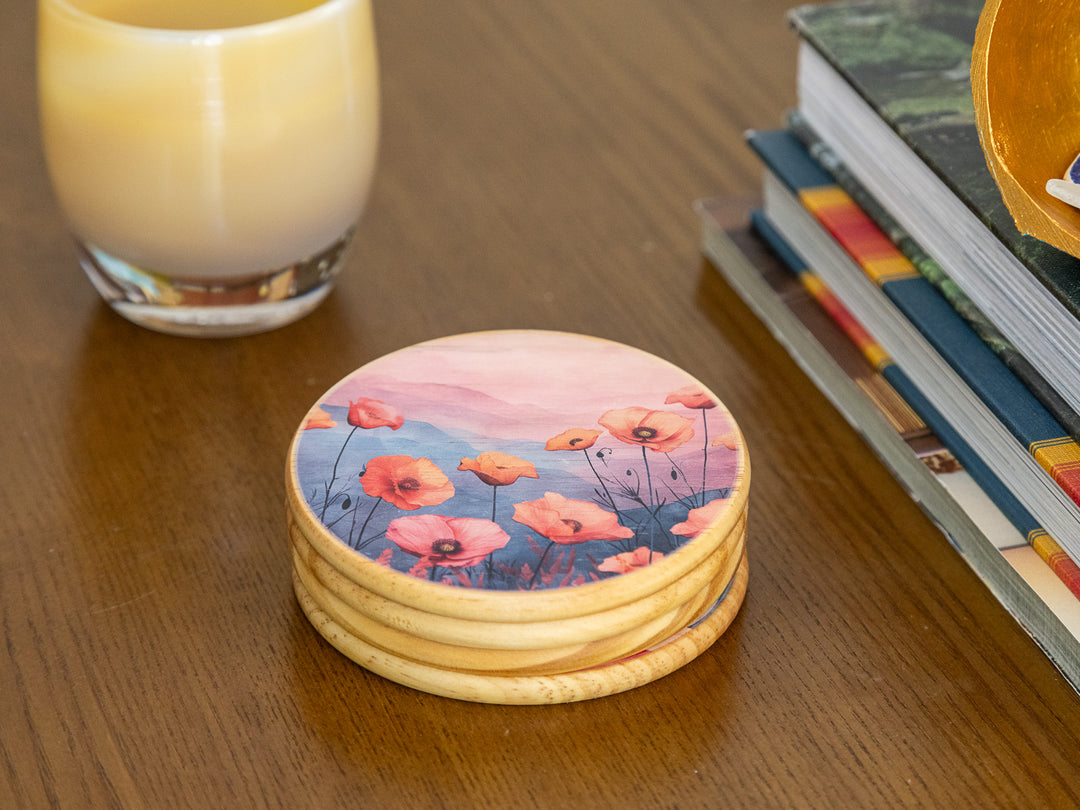 Poppy Fields Wood Coasters, Set of 4