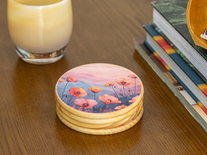 Poppy Fields Wood Coasters, Set of 4