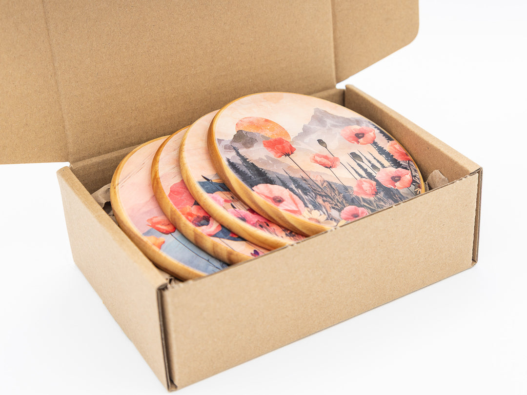 Poppy Fields Wood Coasters, Set of 4