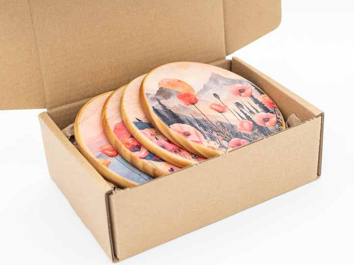 Poppy Fields Wood Coasters, Set of 4